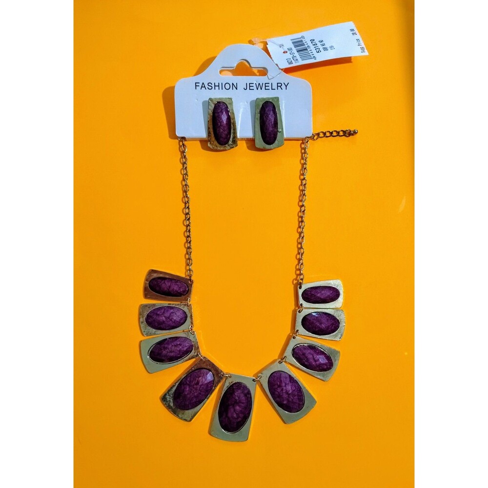 Fashion Jewelry Statement Necklace Earring Set Gold Tone Retro Modern Bridal Gif